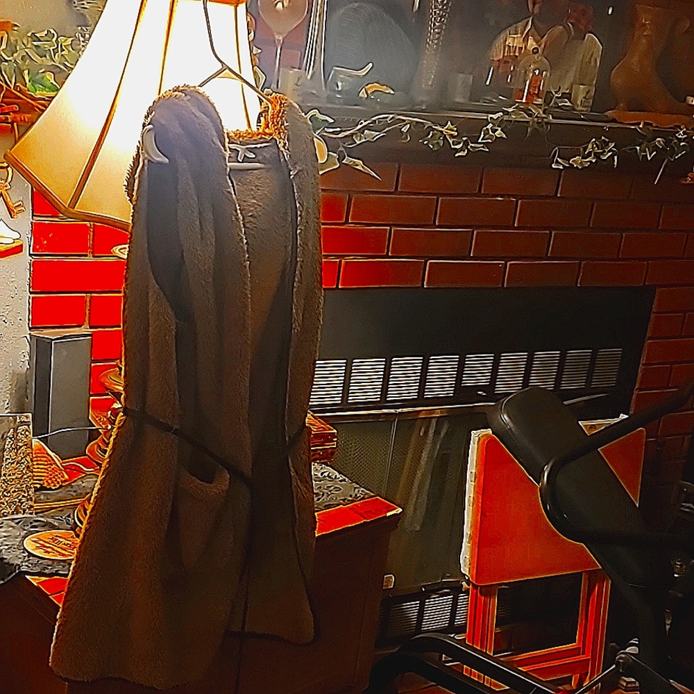 A tan hooded fleece vest whith a leather wrap around  belt  jodifil